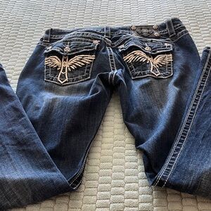 Miss Me Dark Blue Boot Cut Jeans with Wing Embroidery